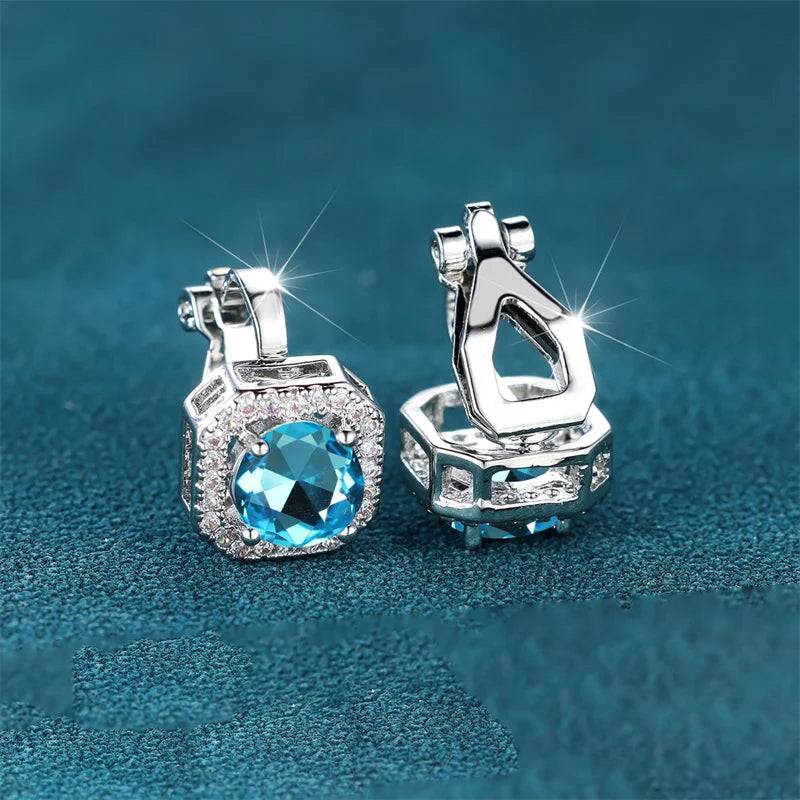 Female Cute Small Clip Earrings White Zircon Round Stone Earrings For Women Vintage Silver Color Crystal Jewelry Bridal Earrings