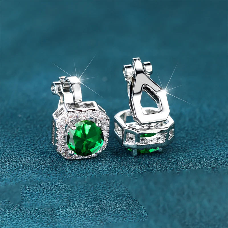 Female Cute Small Clip Earrings White Zircon Round Stone Earrings For Women Vintage Silver Color Crystal Jewelry Bridal Earrings
