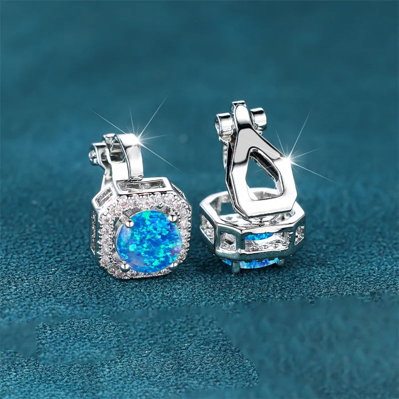 Female Cute Small Clip Earrings White Zircon Round Stone Earrings For Women Vintage Silver Color Crystal Jewelry Bridal Earrings